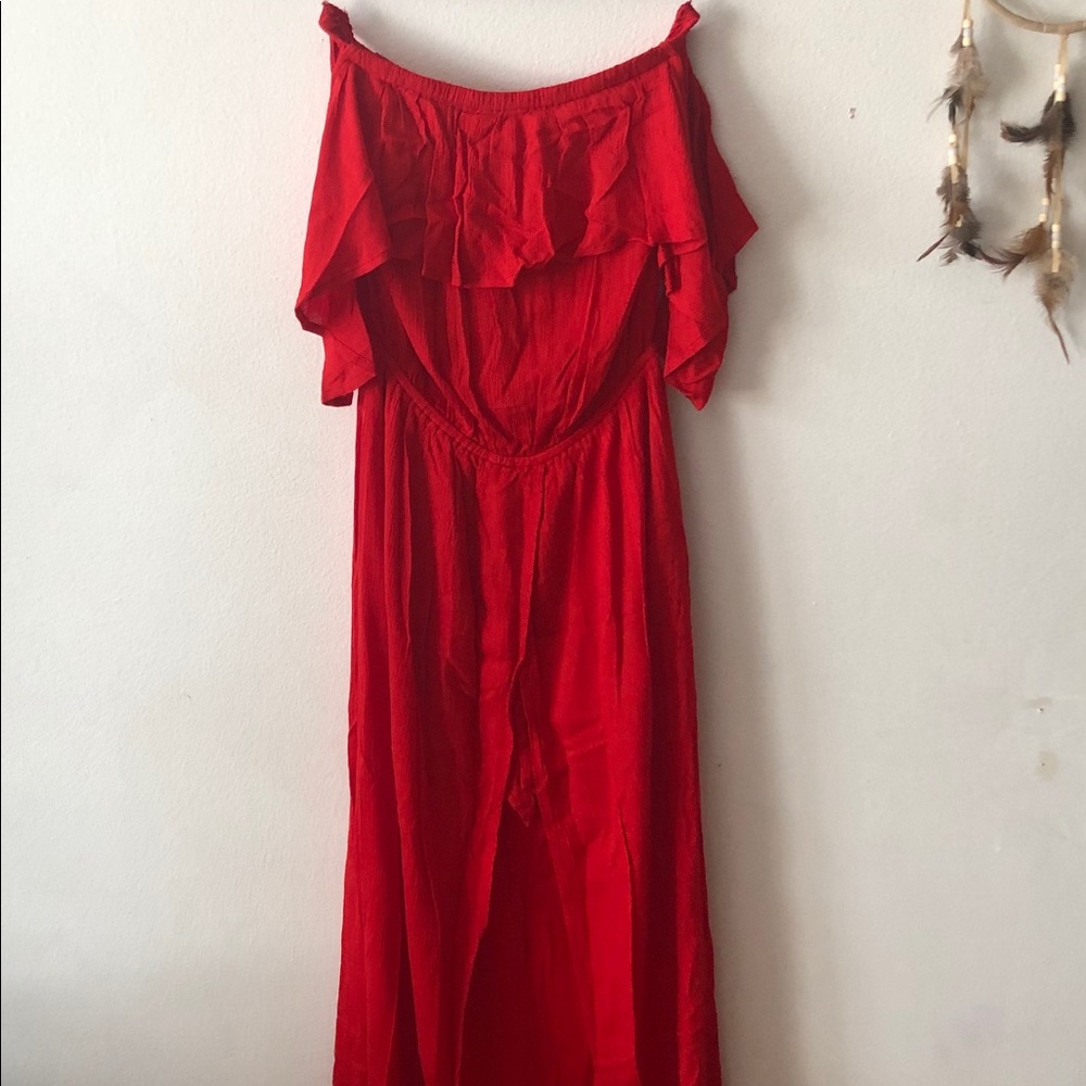NWT off the shoulder flowy red hi-low romper